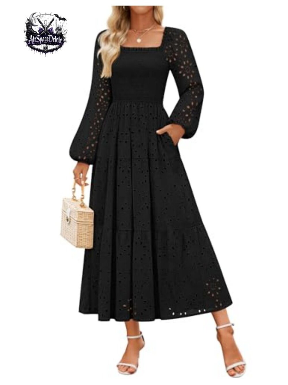 Eyelet Long Sleeve Maxi Dress Smocked Waist Square Neck A-Line Wedding Guest